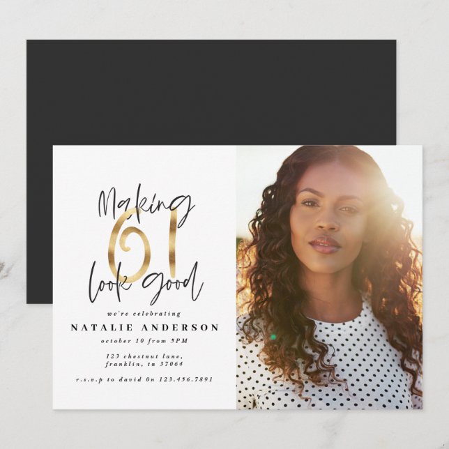 Modern 61st  birthday black and gold photo (Front/Back)