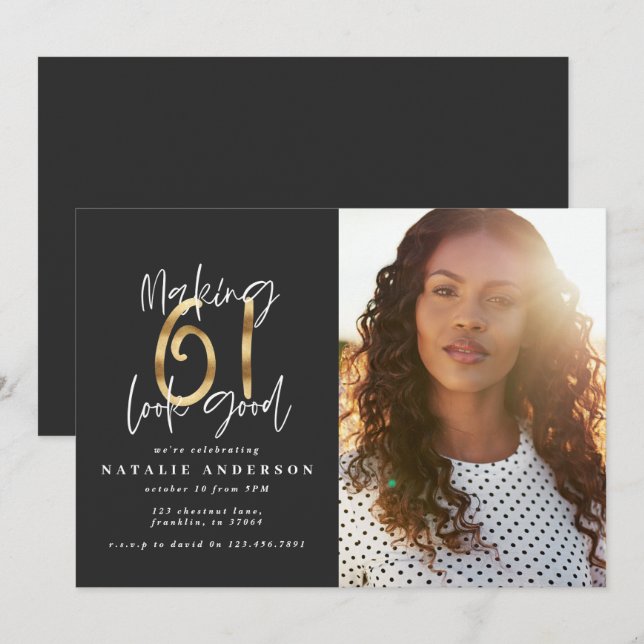 Modern 61st birthday black and gold photo (Front/Back)