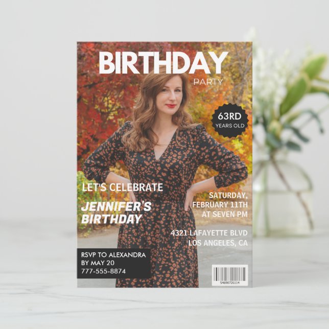 Modern 63rd birthday invitations Stylish Magazine (Standing Front)