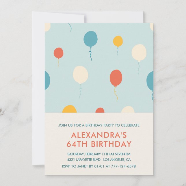 Modern 64th birthday invitations Balloons  (Front)