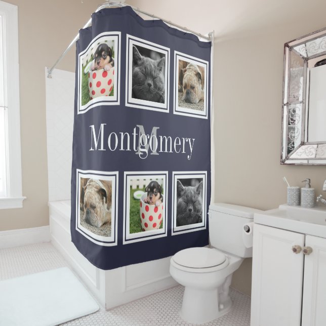Modern 6 Family Photos & Family Name Shower Curtain (In Situ)