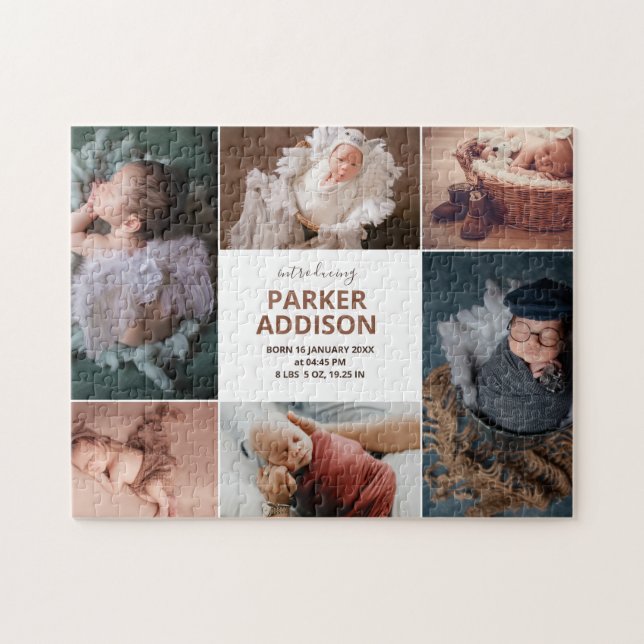 Modern 6 Photo Collage Grid Newborn Baby Birth Ann Jigsaw Puzzle (Horizontal)