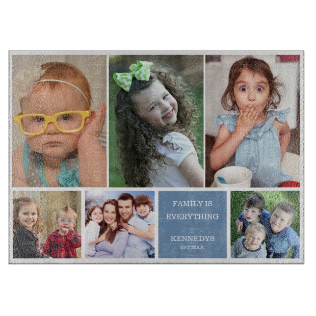 Modern 6 Photo Collage Quote Blue Family Name Cutting Board (Front)