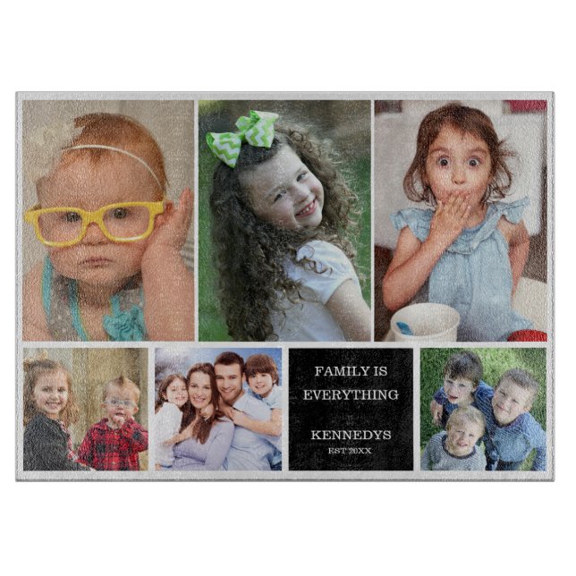 Modern 6 Photo Collage Quote Family Name Cutting Board (Front)