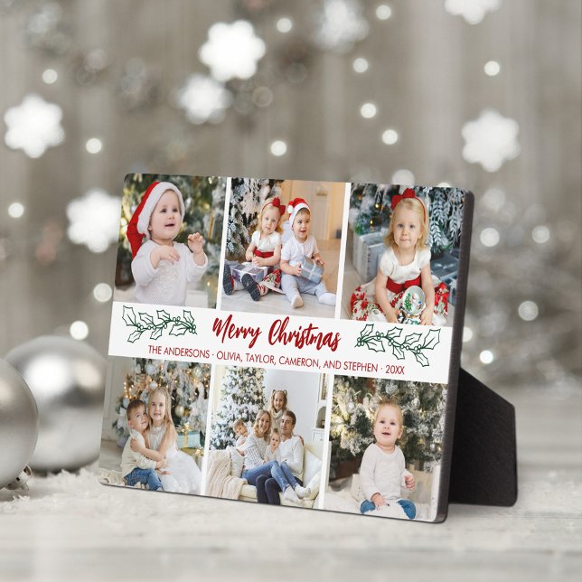 Modern 6 Photo Family Christmas Modern Script  Plaque (Creator Uploaded)