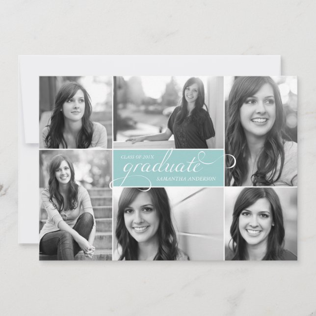Modern 6 Photo Script Graduation Invite - Mint (Front)