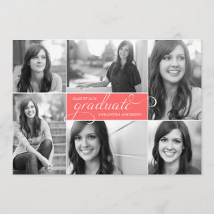 Modern 6 Photo Script Graduation Invite -Neon Pink