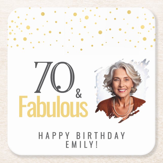 Modern 70 and Fabulous Birthday Photo Square Paper Coaster (Front)