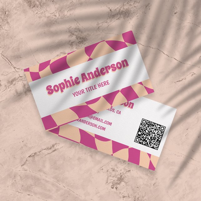 Modern 70s Retro Pink Wavy with QR Code Business Card (Creator Uploaded)