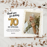 Modern 70th Adult Birthday Photo Thank You Card<br><div class="desc">Elegant seventieth birthday party thank you cards featuring a simple white background that can be changed to any colour,  a photo of the birthday girl / boy,  gold sparkly glitter,  seventy gold hellium balloons,  and a modern thank you template that is easy to personalise.</div>