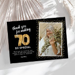 Modern 70th Adult Birthday Photo Thank You Card<br><div class="desc">Elegant seventieth birthday party thank you cards featuring a stylish black background that can be changed to any colour,  a photo of the birthday girl / boy,  gold sparkly glitter,  seventy gold hellium balloons,  and a modern thank you template that is easy to personalise.</div>