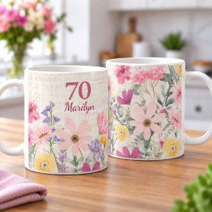 Modern 70th Birthday Gift for Her Floral Linen Coffee Mug