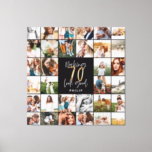 Modern 70th birthday multi photo script gift  canvas print (Front)