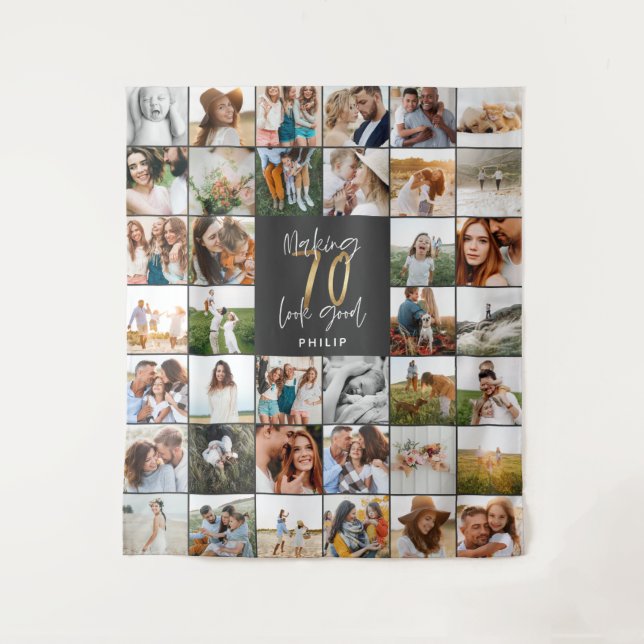 Modern 70th birthday multi photo script  tapestry (Front)