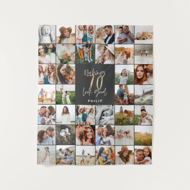 Modern 70th birthday multi photo script  tapestry (Front)
