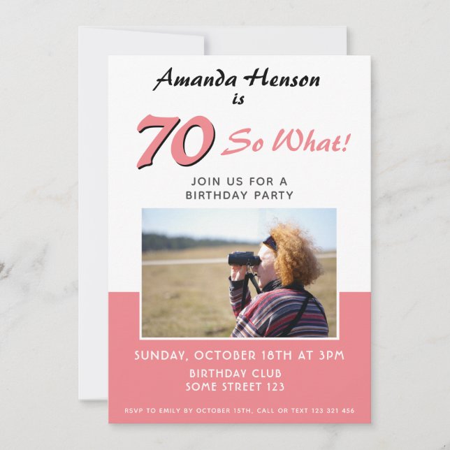 Modern 70th Birthday Party Pink Photo Invitation (Front)