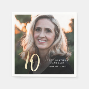 Modern 70th Birthday Photo Black & Gold Script Napkin