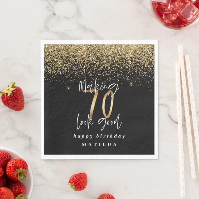 Modern 70th birthday typography gold glitter party napkin (Insitu)