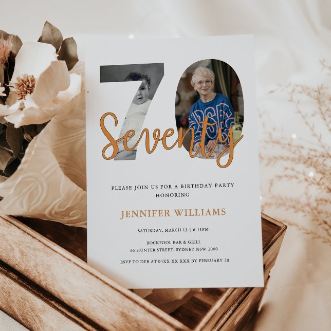 Modern 70Th Birthday With 2 Photos Then & now Invitation (Modern 70Th Birthday With 2 Photos Then and now, look whose 70 birthday invitation)
