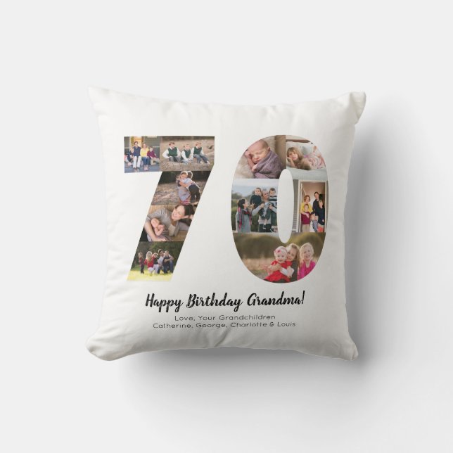 Modern 70th Number Photo Collage Custom Greeting Cushion (Front)