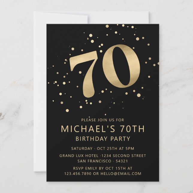 Modern 70th Seventy Birthday Black and Gold Invitation (Front)