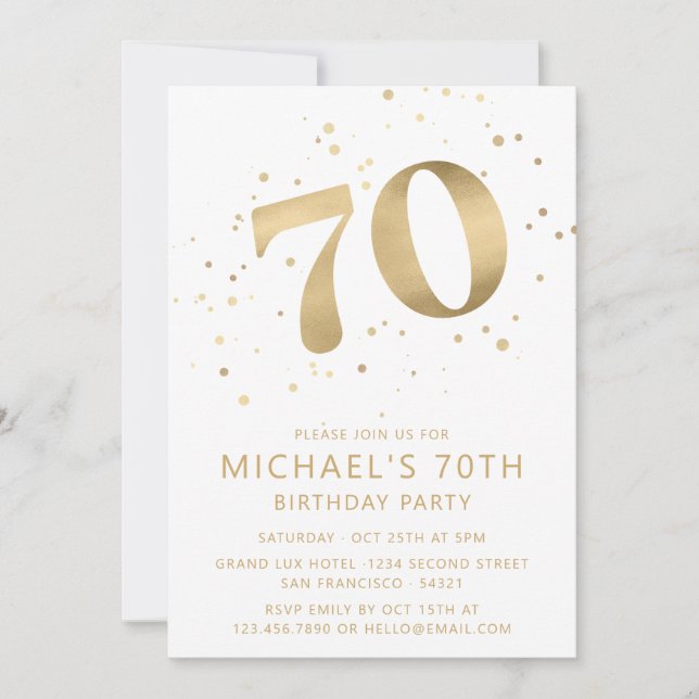 Modern 70th Seventy Birthday Gold Confetti Invitation (Front)