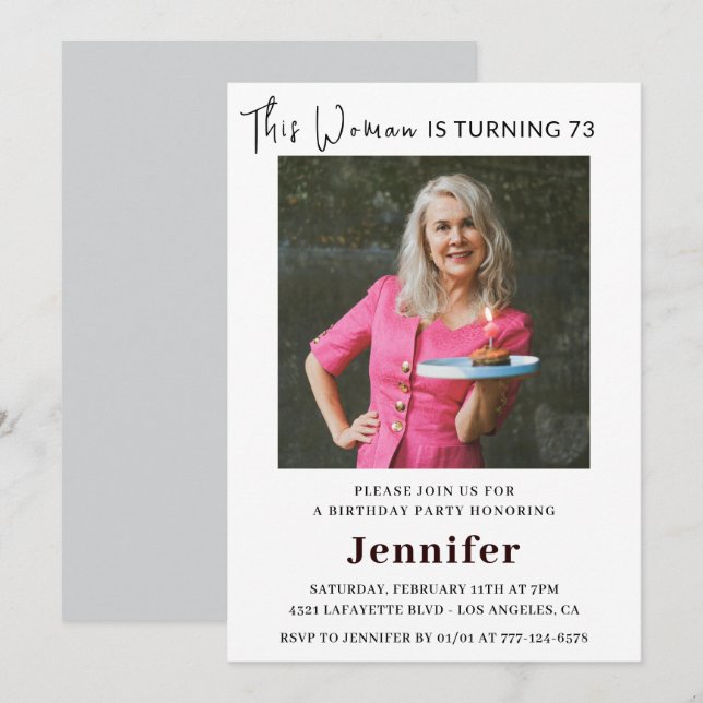 Modern 73rd birthday invitations for her Photo (Front/Back)