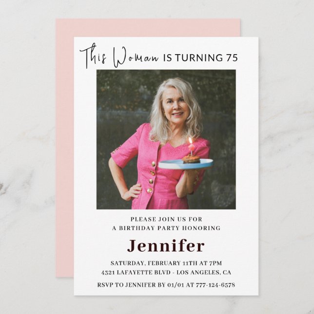 Modern 75th birthday invitations for her Photo (Front/Back)