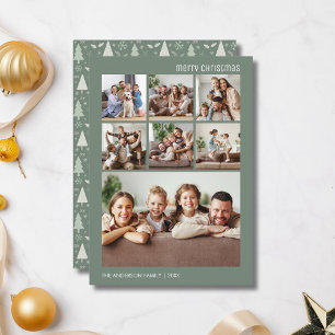 Modern 7 Family Photo Collage Christmas Sage Green Holiday Card