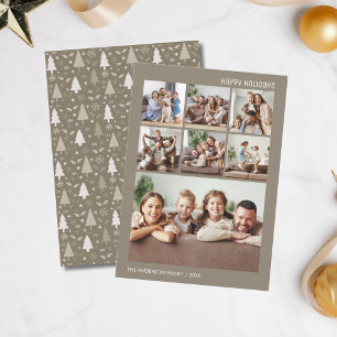 Modern 7 Family Photo Collage Christmas Taupe Holiday Card