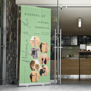 Modern 7 Hexagon Photo Wedding Welcome Green Retractable Banner