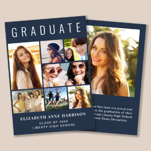 Modern 7 Photo Collage Blue Graduation Announcement