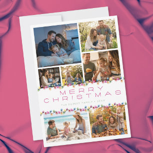 Modern 7 Photo Collage Merry Christmas Lights Holiday Card