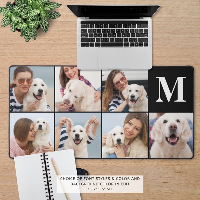 Modern 7 Photo Collage Monogram Custom Colour Desk Mat (Creator Uploaded)