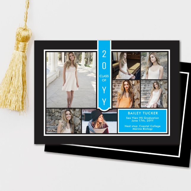 Modern 7-Photo College Sky Blue Black Graduation Announcement (Creator Uploaded)
