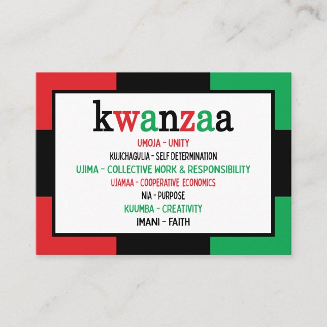 Modern 7 Principles Green Red Black Kwanzaa Business Card (Front)