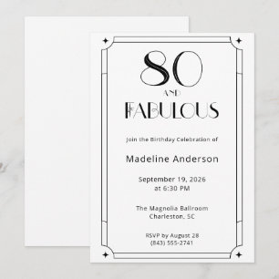 Modern 80 and Fabulous Black White 80th Birthday Invitation