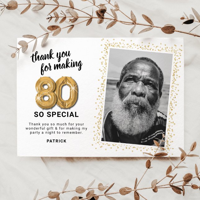 Modern 80th Adult Birthday Photo Thank You Card (Creator Uploaded)