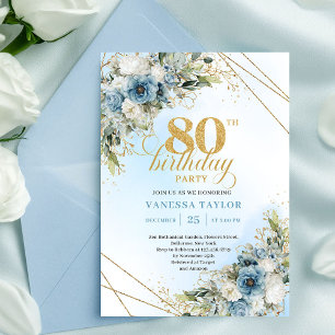 Modern 80th Birthday Invite Boho Dusty Blue Floral