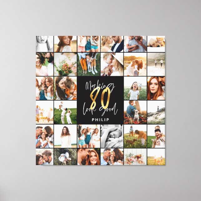 Modern 80th birthday multi photo script gift  canvas print (Front)