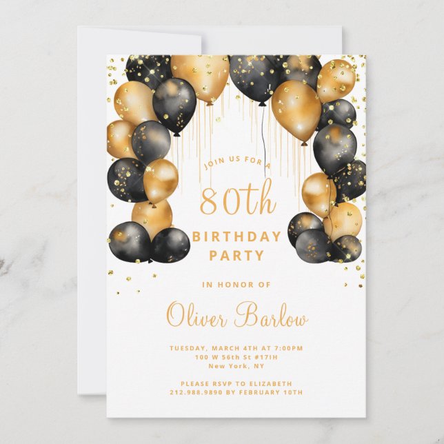 Modern 80th Birthday Party Black Gold  Invitation (Front)