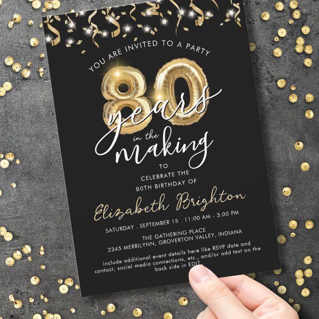 Modern 80th Birthday Script Balloon Streamers Invitation (Creator Uploaded)