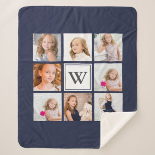 Modern 8 Family Photo Collage & Initial Letter Sherpa Blanket