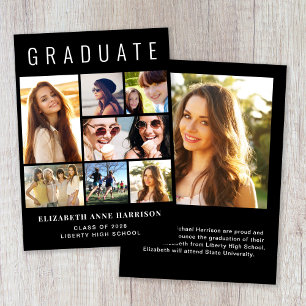 Modern 8 Photo Black Graduation Announcement