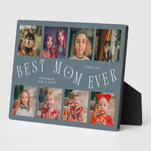 Modern 8 Photo Collage Best Mom Ever Slate Blue Plaque