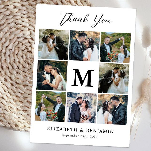 Modern 8 Photo Collage Customised Monogram Wedding Thank You Card (Creator Uploaded)