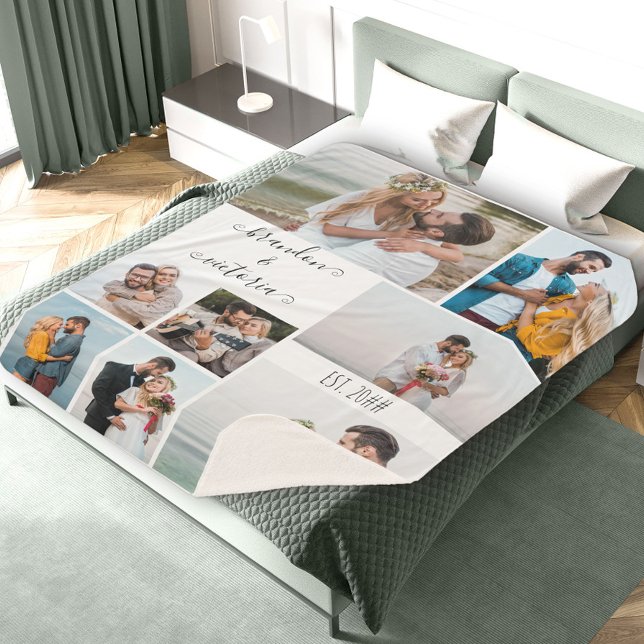Modern 8 Photo Collage Elegant Script Personalised Sherpa Blanket (Creator Uploaded)