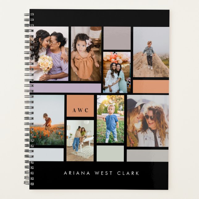 Modern 8 Photo Collage Family Photo Grid Black Planner (Front)