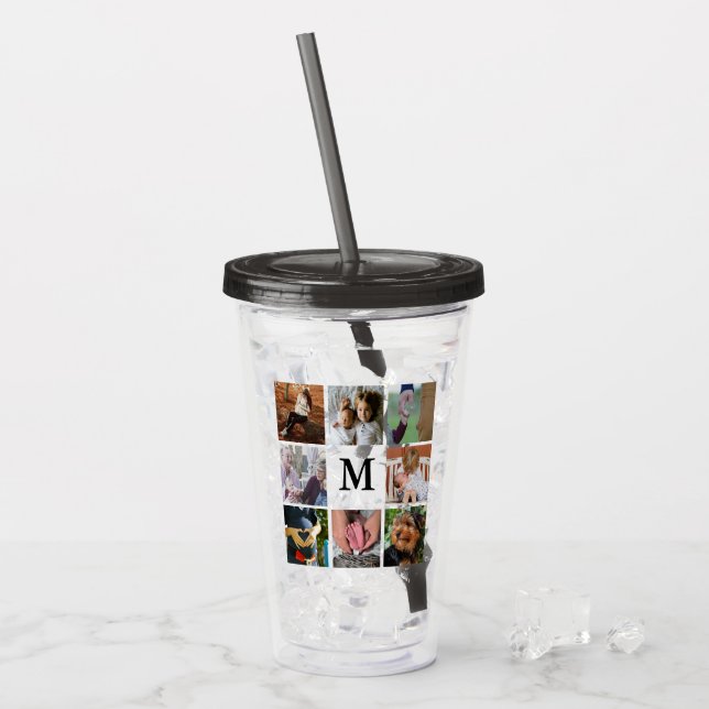 Modern 8 Photo Collage | Monogram Acrylic Tumbler (Front Ice)