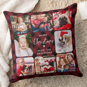 Modern 8 Photos Personalised Holiday Red Plaid Cushion